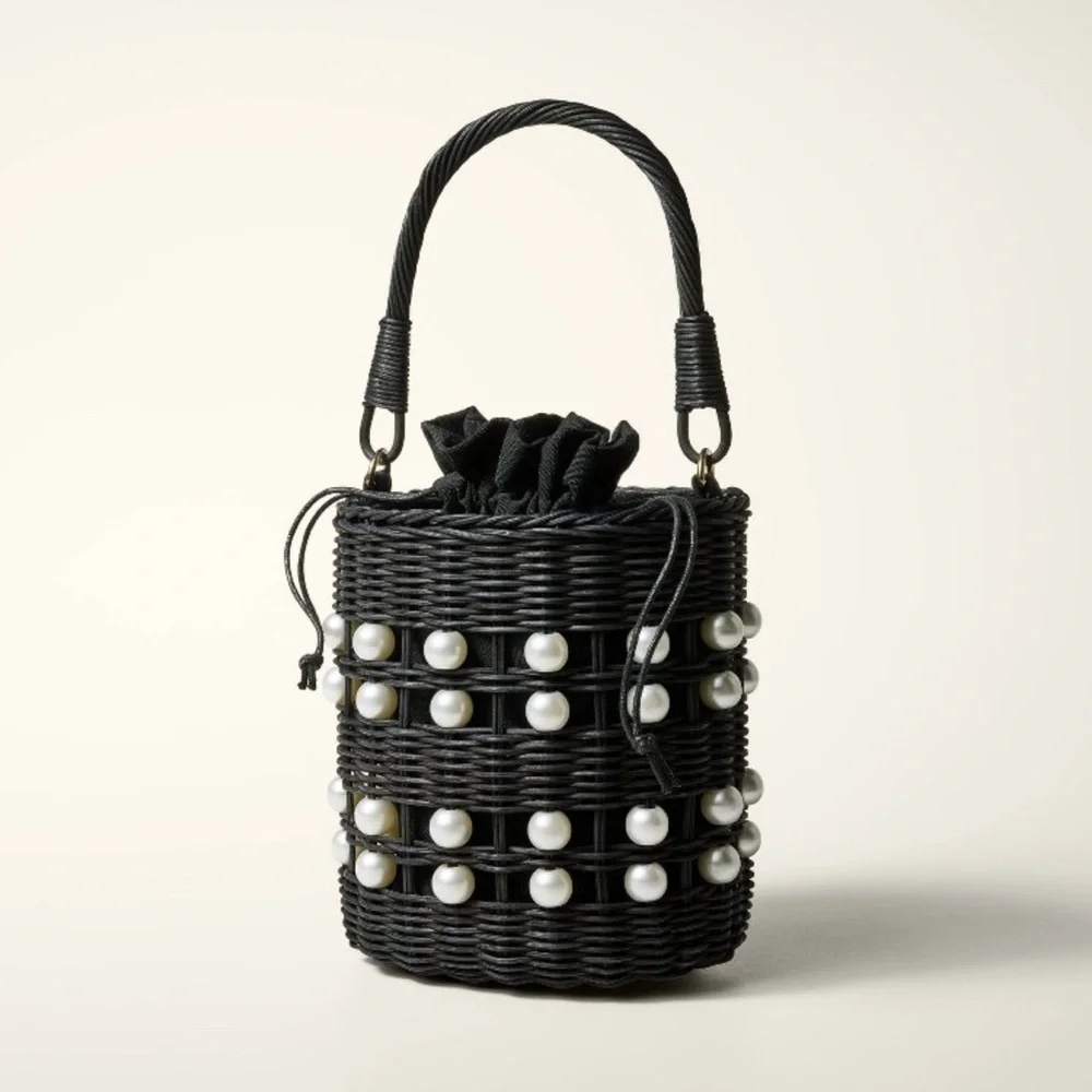 Kate Spade x Target NWT Pearl Embellished Wicker Basket Bucket Bag - Picture 2 of 12